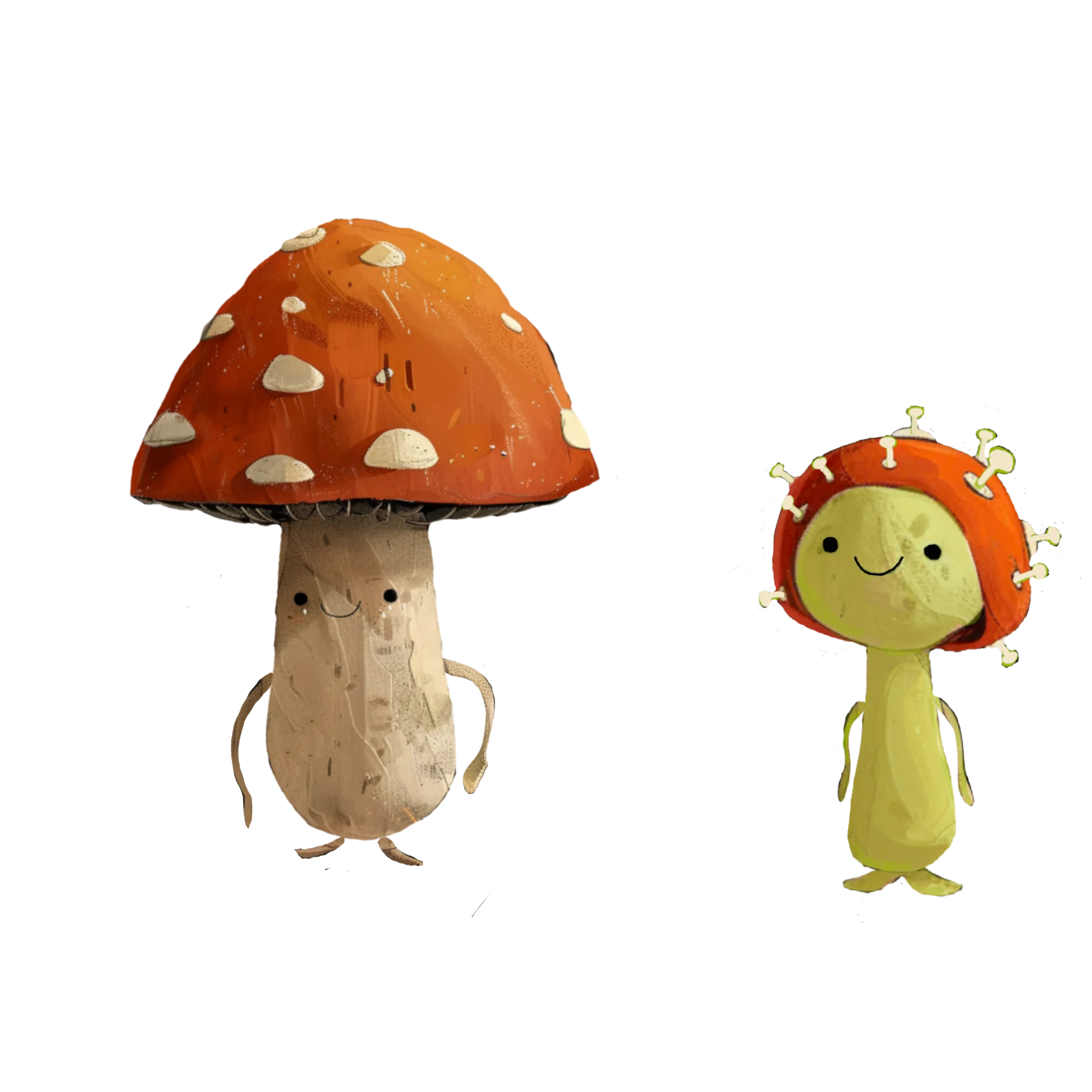 Hugo, a big wise mushroom with an orange spotted cap, and Molly, a small green mycelium sprout with a red cap, standing together and smiling. Mascot characters for the children's educational material of Quindiorellanas, an oyster mushroom farm in Quindio, Colombia. Digital character design by Sergio Ayala.