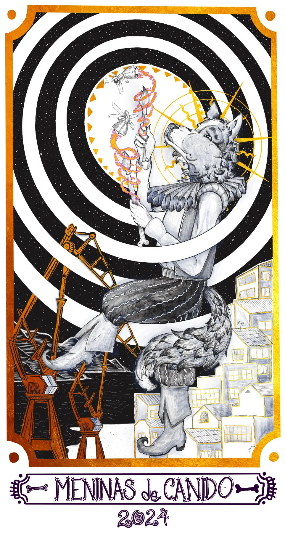 Baroque border collie figure styled as a tarot major arcana card — official proposal for the Meninas de Canido street art festival in Ferrol, Galicia. Hypnotic black-and-white spiral background with golden Galician architecture. Digital illustration by Sergio Ayala, 2024.