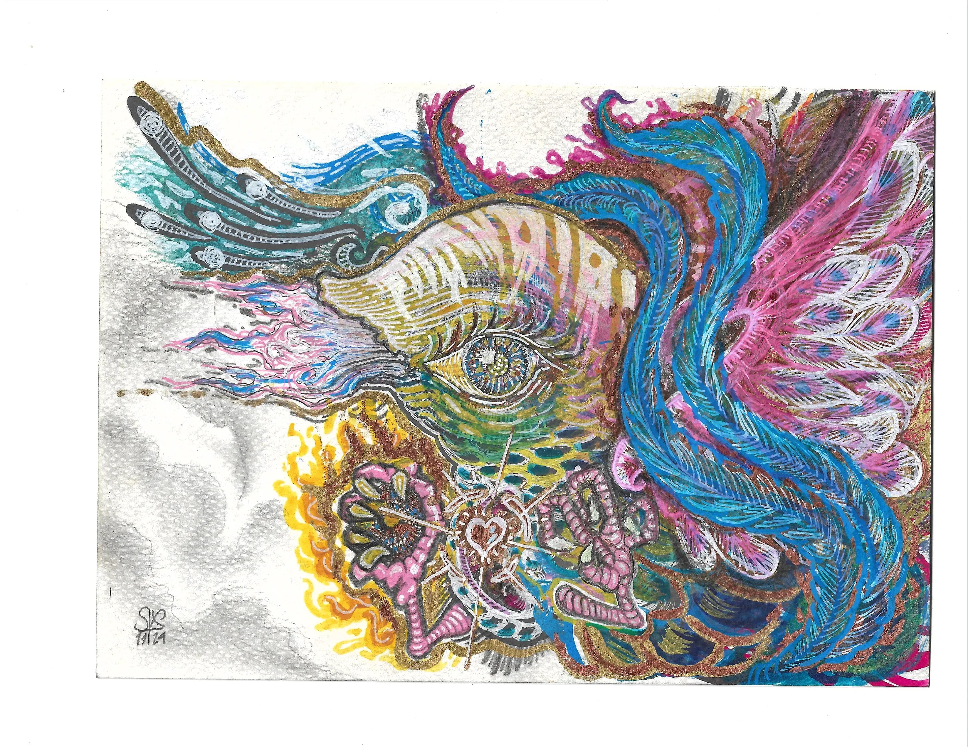 A hummingbird dissolved into pure ornament: iridescent blue feather waves, cascades of pink plumes, staring spiral eyes, teal peacock quills and golden flames over a stormy watercolour sky, bound together with copper leaf. Mixed media illustration by Sergio Ayala, 2024.