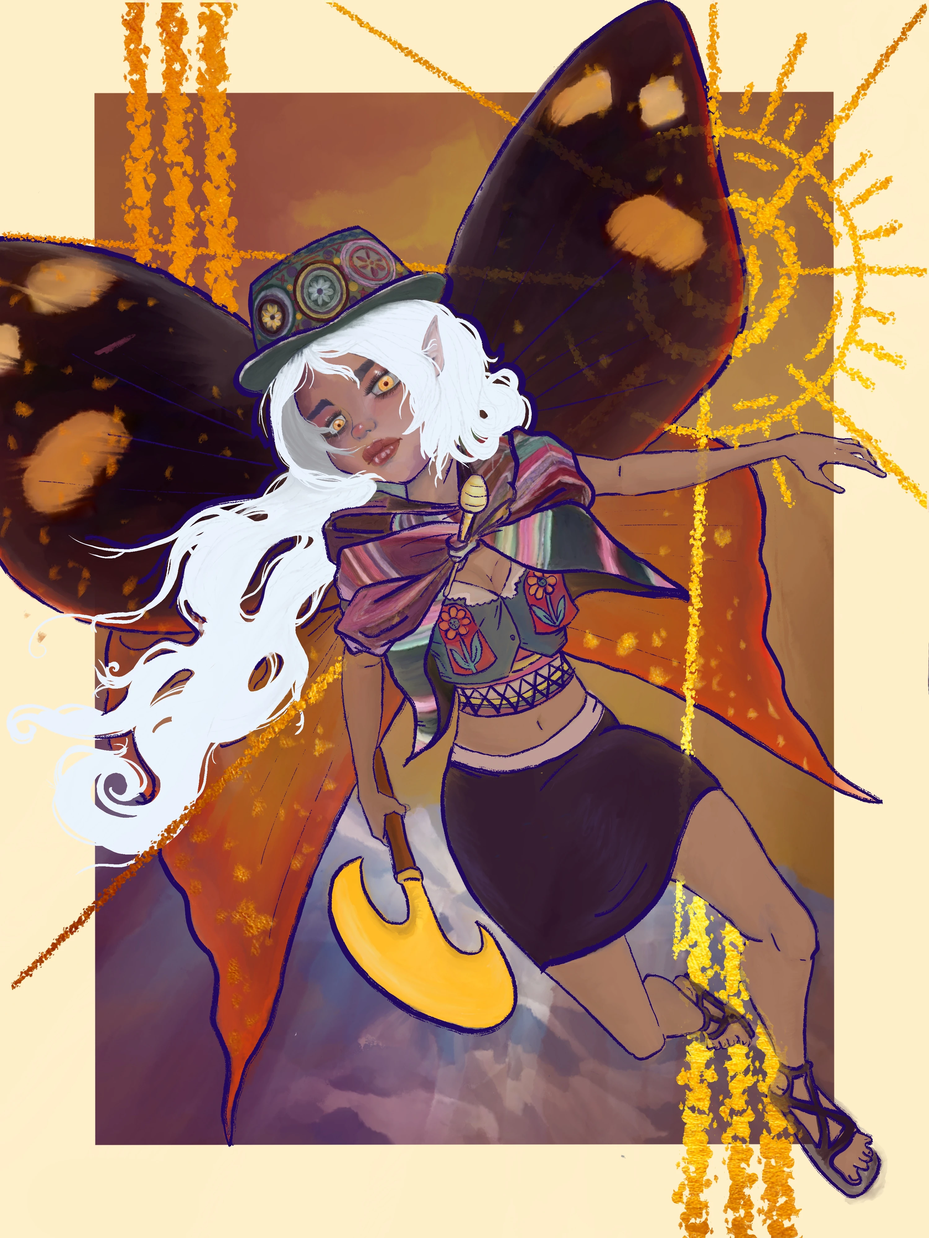 Andean fairy with dark skin and white hair, wearing Inca-inspired aguayo textiles and a geometric hat, carrying a golden tumi, with South American owl butterfly wings — fantasy character concept art by Sergio Ayala, 2024.