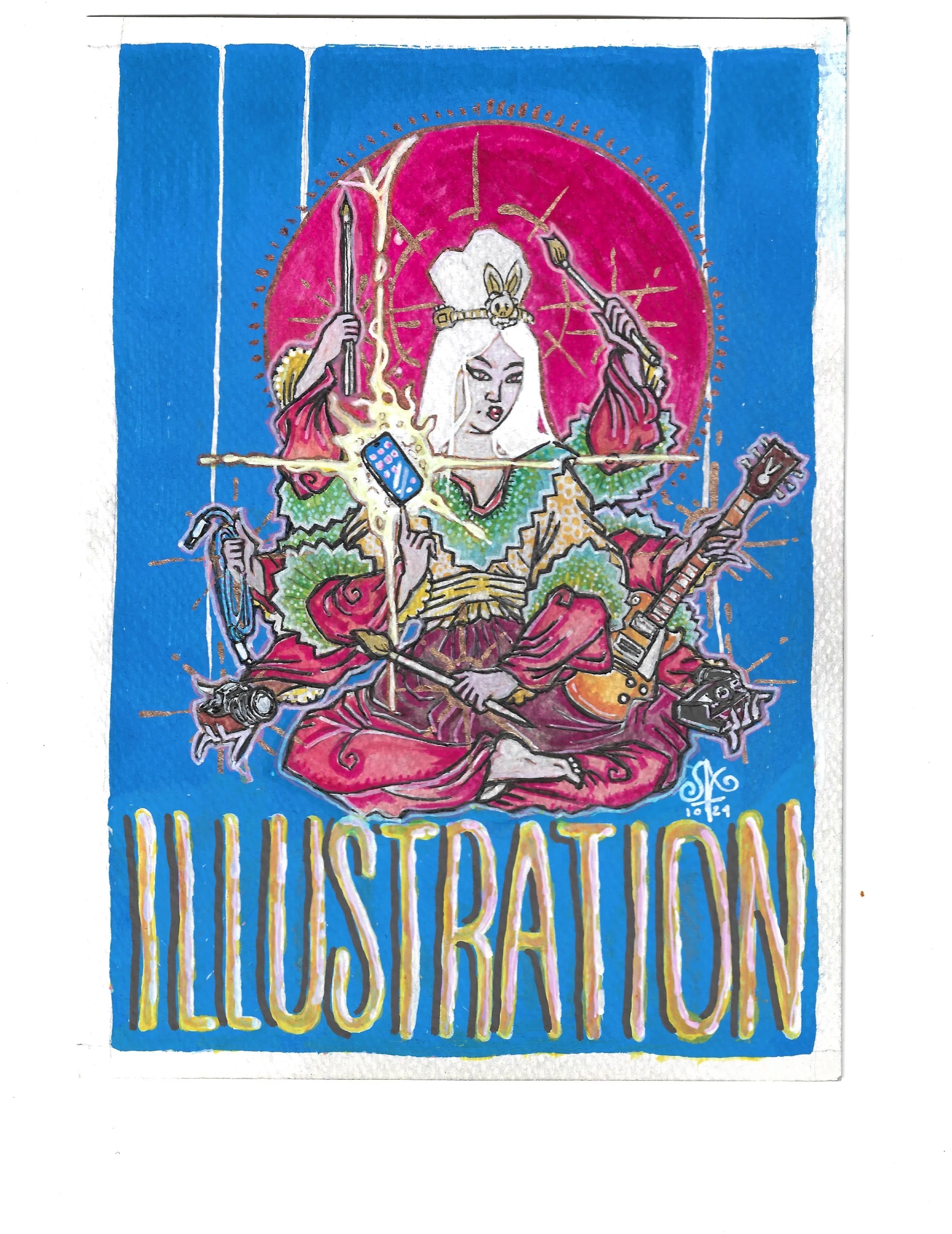 A six-armed muse in crimson robes floats cross-legged before a copper-etched crimson sun, holding a pencil, paintbrush, airbrush, camera, smartphone and a Les Paul guitar, with hand-lettered ILLUSTRATION below. Mixed media illustration by Sergio Ayala, 2024.