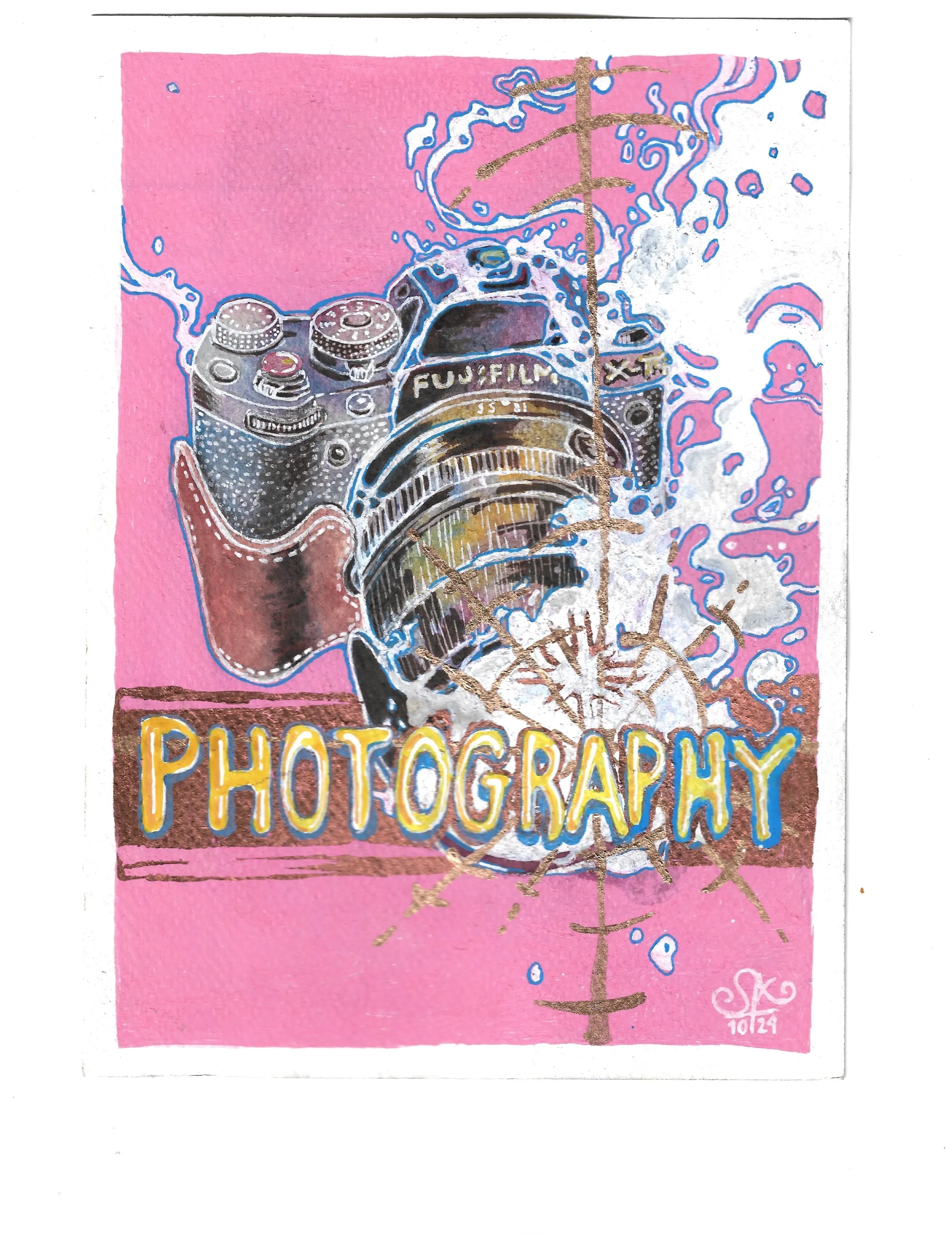 A Fujifilm X-T mirrorless camera in a brown leather half-case erupts through splashes of white paint on a pink gouache ground, crossed by a copper-leaf plant stem, with a hand-lettered PHOTOGRAPHY banner. Mixed media illustration by Sergio Ayala, 2024.