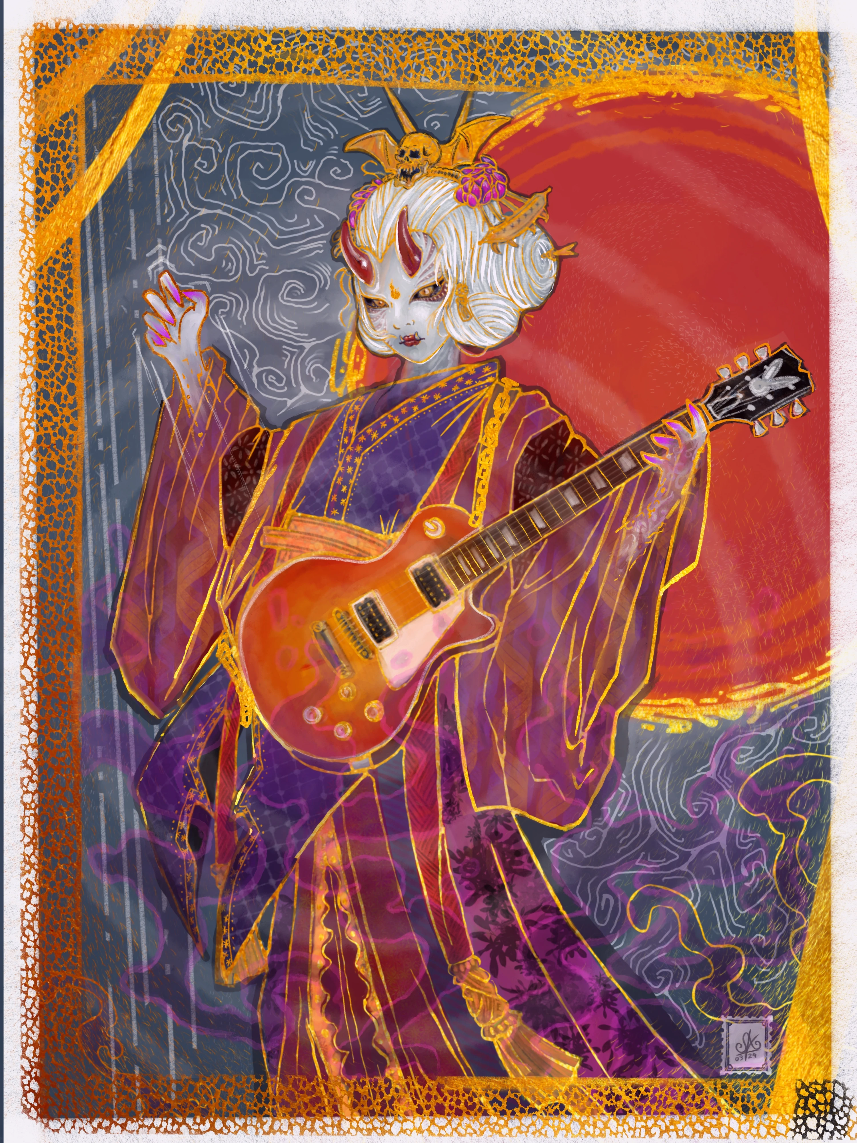 A Japanese yūrei ghost in a purple-and-gold kimono playing a Gibson Les Paul sunburst guitar against a red rising-sun circle, skull hair ornament, Noh-mask face — fantasy character concept art by Sergio Ayala, 2024.