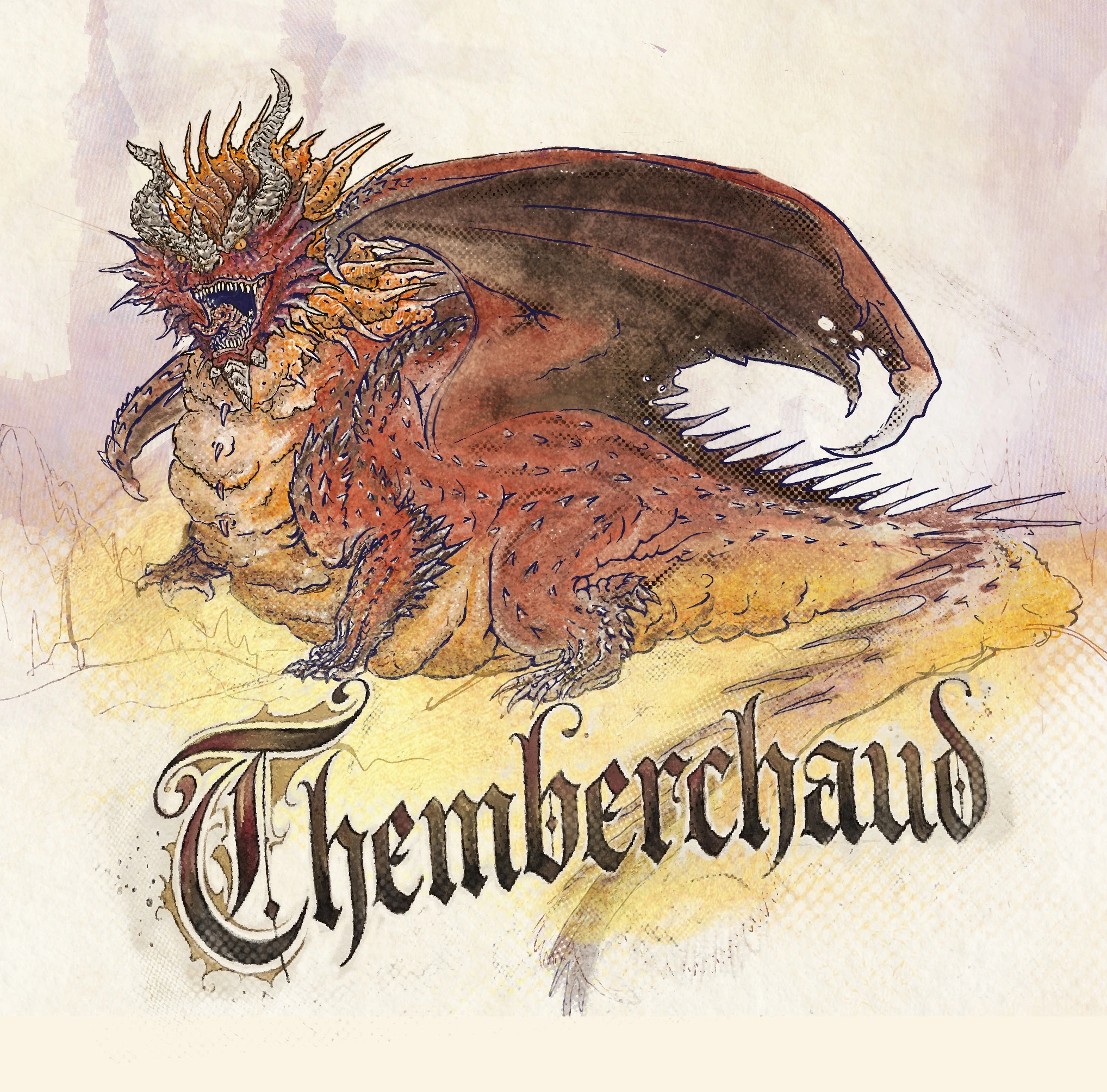 Themberchaud the red dragon lying furiously on a pile of gold — D&D dark fantasy concept art by Sergio Ayala, 2025. Gothic lettering below reads Themberchaud. Inspired by Alexander Ostrowski's character design work.
